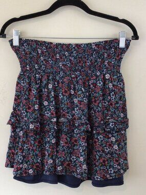 Kendall + Kylie Elastic Waist Navy Blue Floral Print Skirt